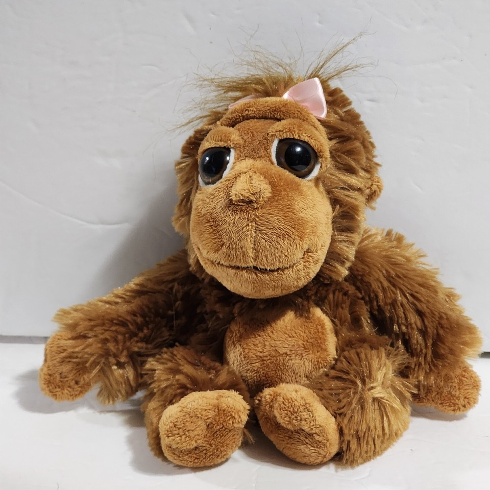 The Petting Zoo Brown Gorilla Monkey Plush Pink Bow 8in Bean Bag 2012 Large Eyes